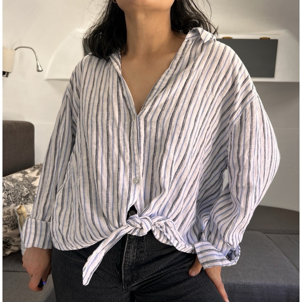 Calypso‎ St Barth Linen Blend Blue Stripe Tie Front Button Down Blouse XXL vacay